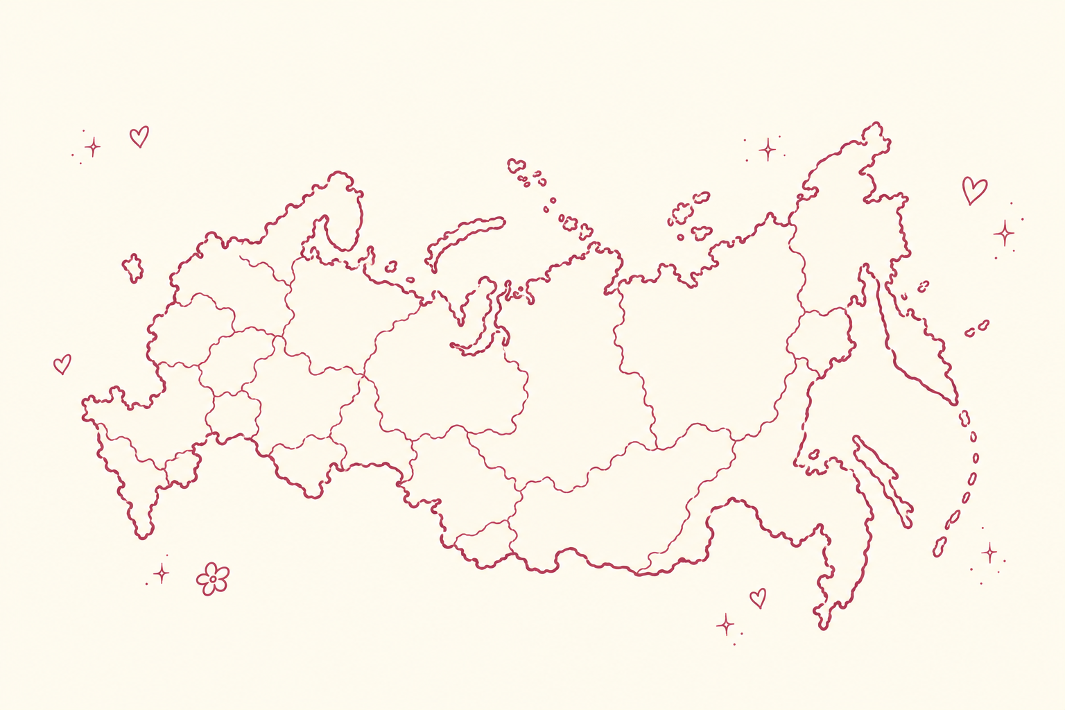 Карта России, нарисованная малиновой линией, с маленькими свадебными сердечками